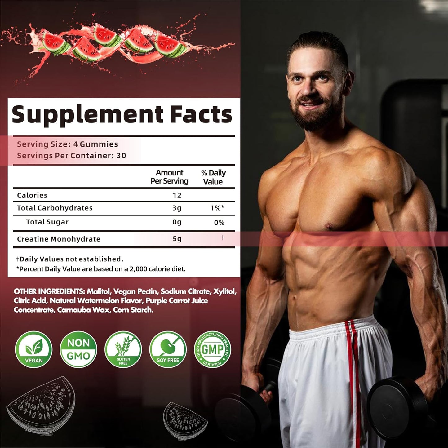 Creatine Monohydrate Gummies for Men & Women, Creatine Monohydrate for Muscle Strength, Muscle Builder, Energy Boost, Pre-Workout Supplement(120 Count)-Watermelon Flavor