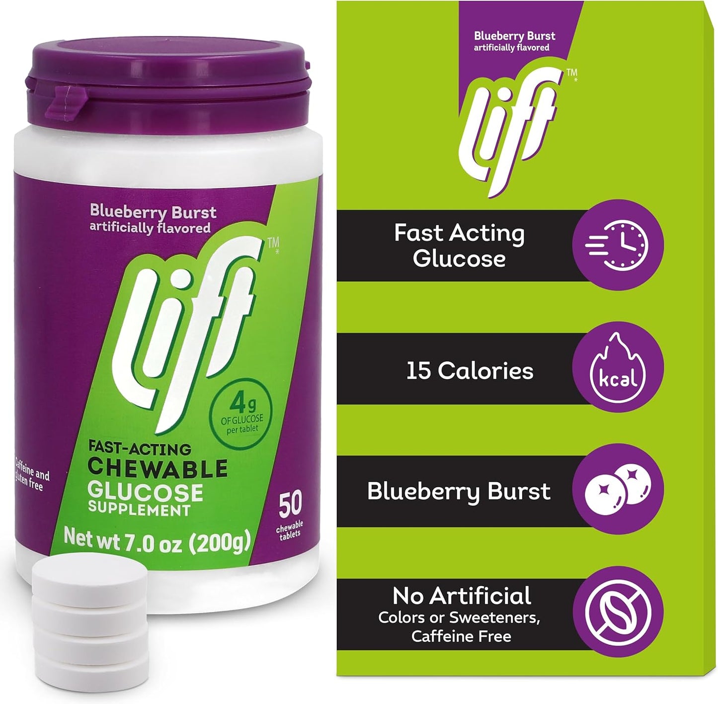 Lift Glucose | Fast-Acting Glucose Chewable Energy Tablets | Blueberry | 50 ct Jar (Pack of 6)