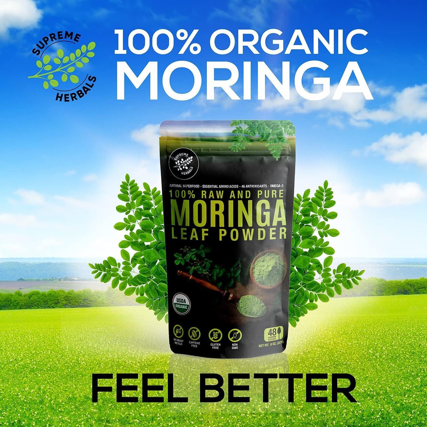100% Raw and Pure Moringa Leaf Powder. Organic Certified Moringa Leaf. Natural Superfood with Essential Amino Acids, Antioxidants, and Omega 3, 8 oz Resealable Bag.