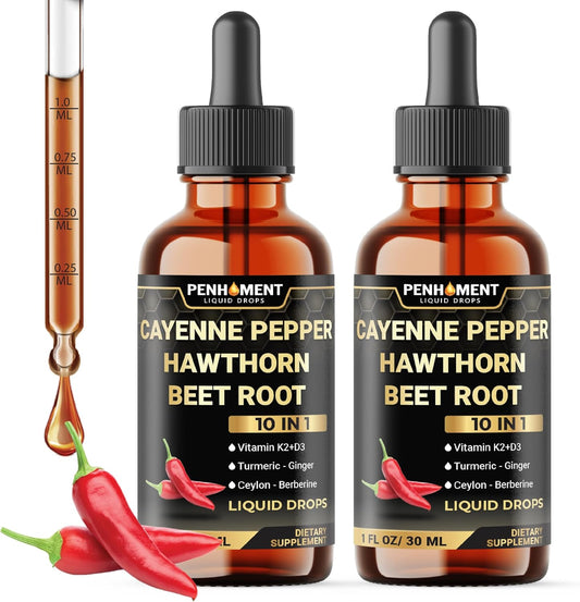 2 Packs - 2700 mg 10in1 Cayenne Pepper Liquid Drops with Hawthorn Berry, Vitamin D3 K2, Beet Root, Ginger Turmeric, Ginger, Ceylon Cinnamon, Berberine, and Ginseng - 2 Months