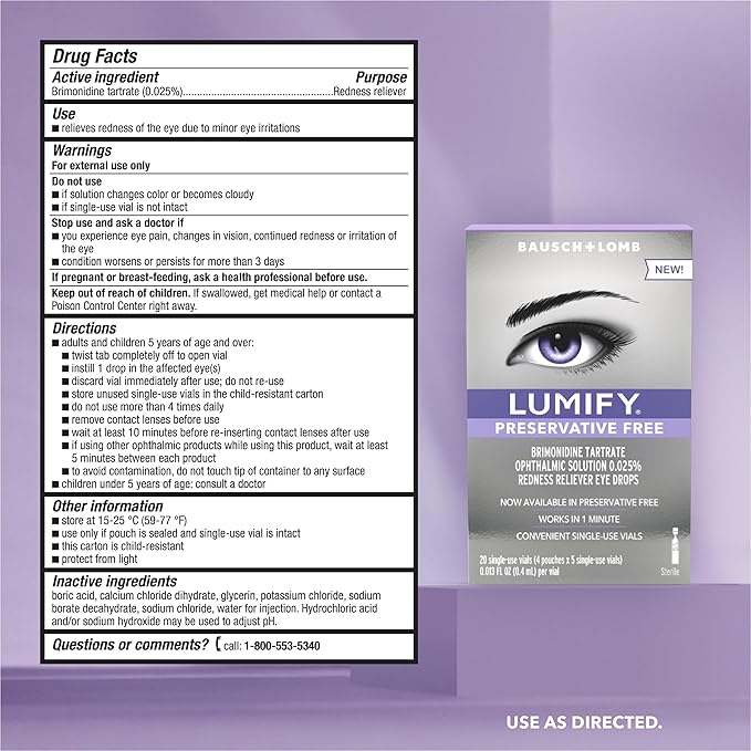 LUMIFY Preservative Free Eye Drops for Red Eyes, Redness Reliever for Sensitive Eye, Brighter and Whiter Looking Eyes, Works in 1 Minute & Lasts Up to 8 Hours, 20 Single-Use Vials