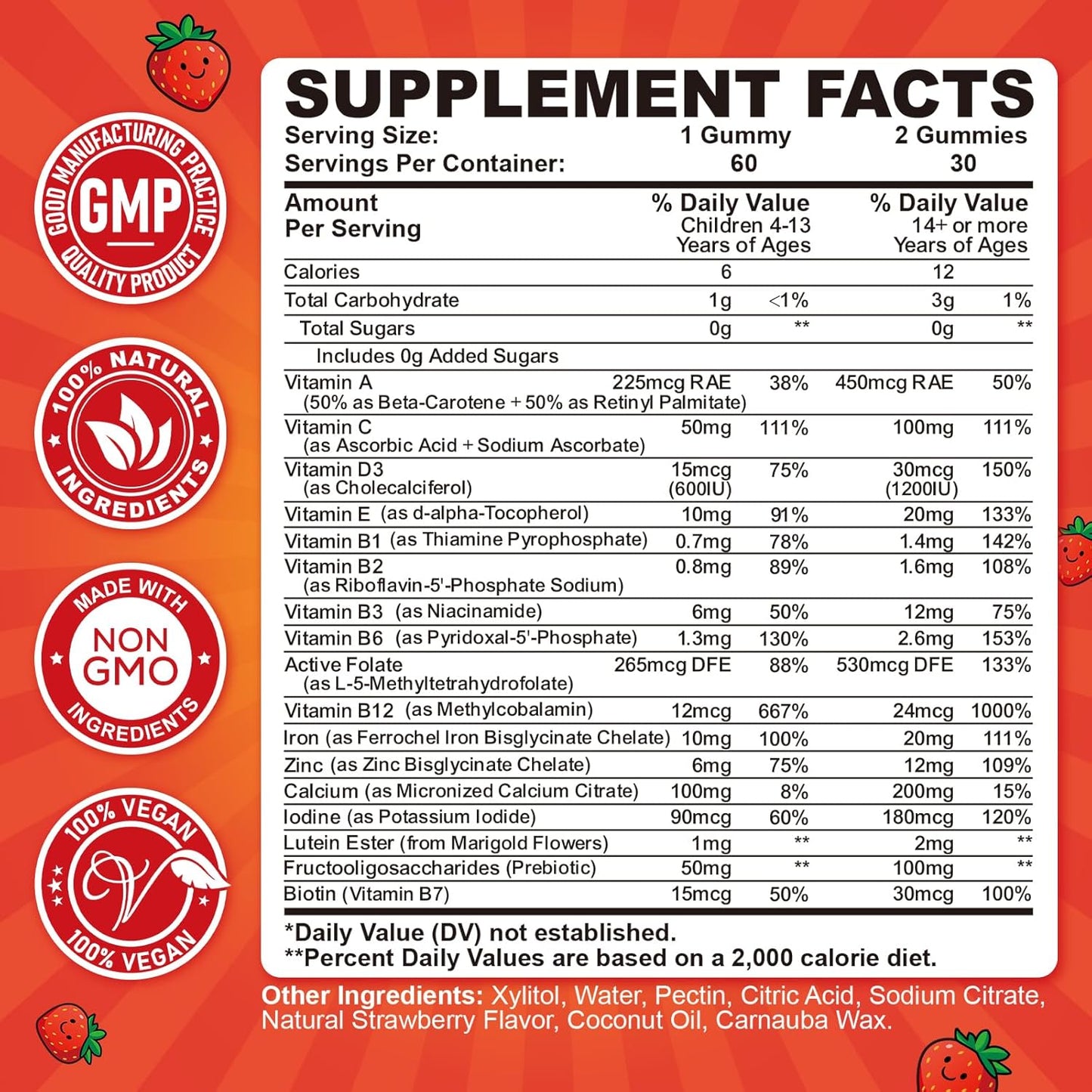 2PCS Iron Gummies for Kids & Teens, Kids Multivitamin with Iron Supplement, Calcium, Folate, Zinc, Prebiotic - for Blood Builder & Energy Support, Iron Deficiency - Vegan & Non-GMO - 120 Count