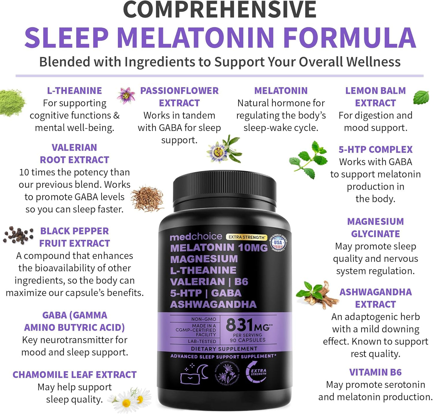 12-in-1 Melatonin Sleep Capsules - 10mg Melatonin Extra Strength with Magnesium and Balanced Blend of Ashwagandha, GABA, Chamomile Extract, L-Theanine & Valerian Root 10:1 Extract (90ct, Pack of 2)