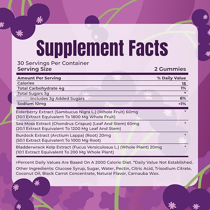 TrueSeaMoss Sea Moss Elderberry Gummies for Adults & Kids – with Burdock Root, Bladderwrack & Magnesium – 60 Gummies (Pouch May Vary)