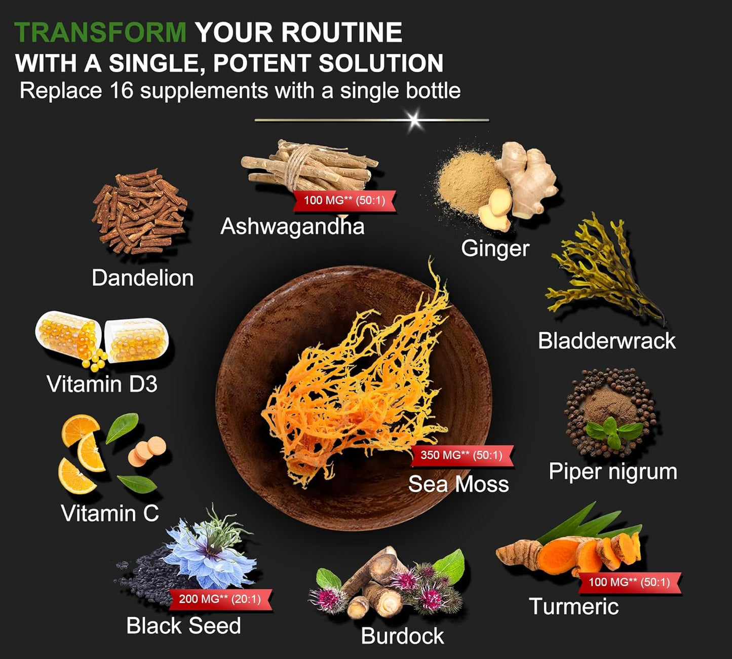 16-in-1 Organic Sea Moss Gel Alternative Capsules – Superfood Blend with Ashwagandha, Black Seed Oil, Turmeric, Bladderwrack, Burdock, Elderberry, Manuka, Dandelion, Yellow Dock, Vitamin C & D3