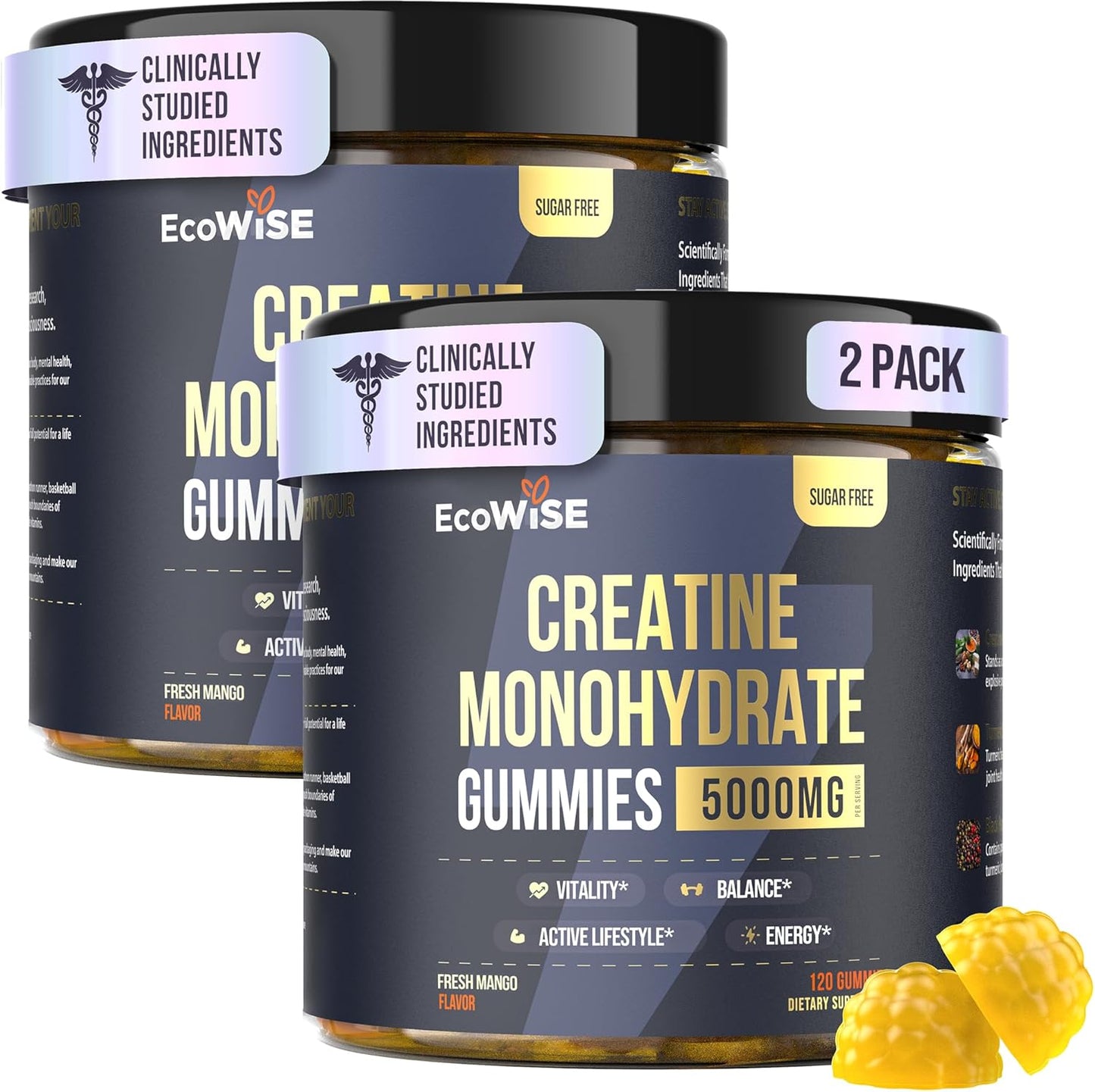 2 Pack Creatine Monohydrate Gummies 5000 mg, Fresh Mango Flavor, 120 Sugar-Free Vegan Chews, Creatine Supplement for Daily Routine