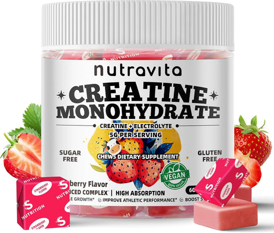 Creatine Monohydrate Chews (5g) – Pre-Workout Energy & Muscle Growth Support for Men & Women | Strawberry Electrolyte Gummies (60 Count)