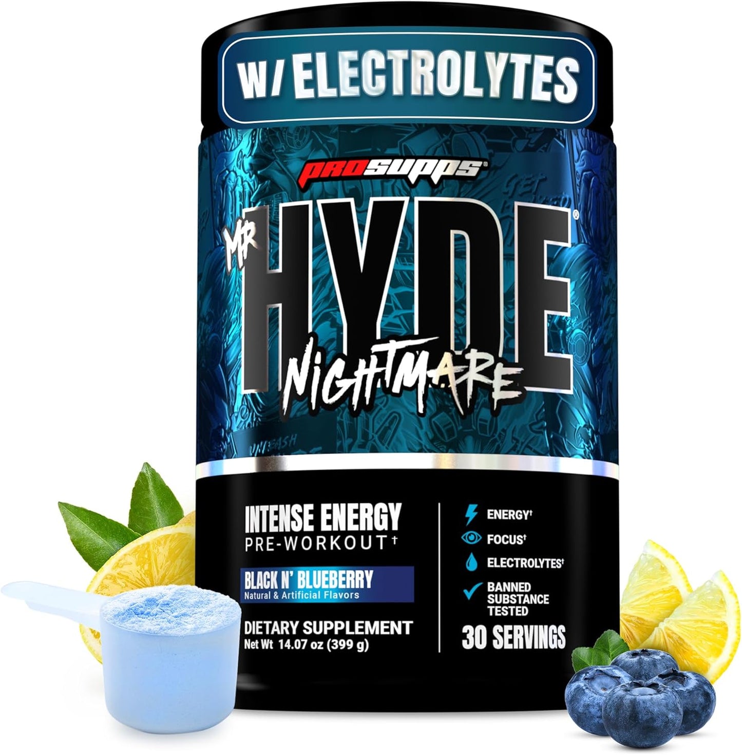 PROSUPPS Mr. Hyde Nightmare Pre Workout Powder with Caffeine & Beta Alanine - Preworkout for Intense Energy, Mental Focus & Performance - Gym & Fitness Supplements (Black N' Blueberry, 30 Servings)