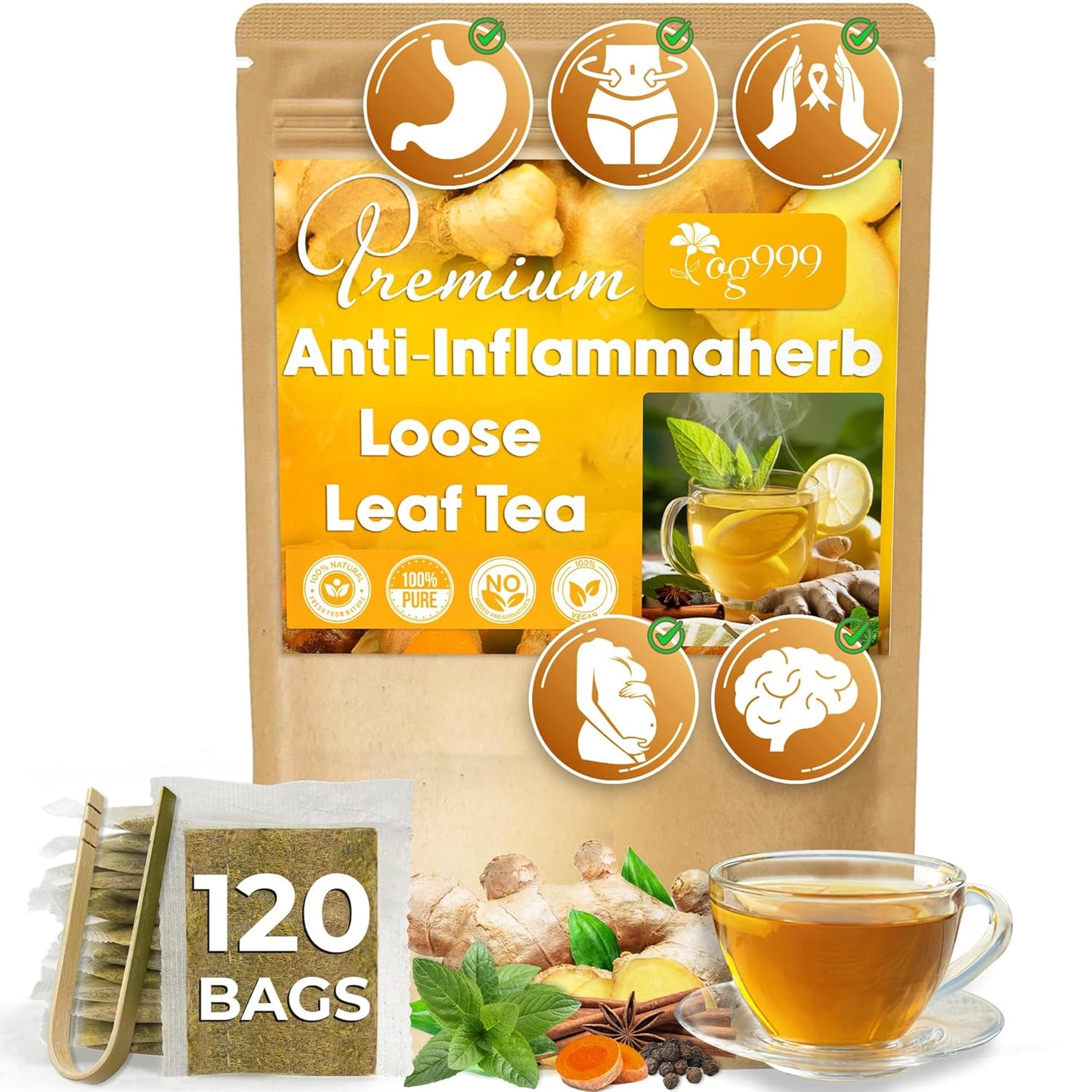120 Tea Bags - Anti-Inflammaheb Loose Leaf Tea, 100% Natural from Ginger, Turmeric, Peppermint, Black Pepper, Cinnamon. Made with Natural Material Tea Bags. No Sugar, No Caffeine, No Gluten, Vegan.