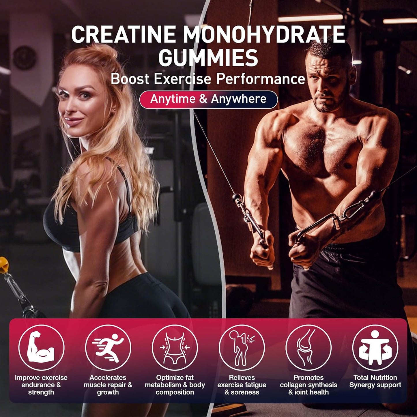 Creatine Monohydrate Gummies for Men & Women, Raspberry Flavor Creatine Gummies