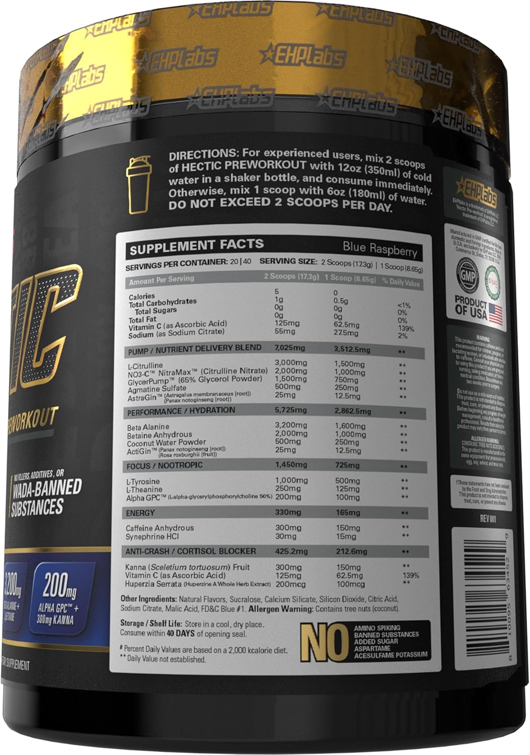 EHP Labs Hectic PreWorkout - High Stim Advanced Pre Workout Powder for Max Performance - Caffeine, Beta Alanine, Coconut Water - Energy, Pump, Recovery & Hydration - 40 Serves (Blue Raspberry)