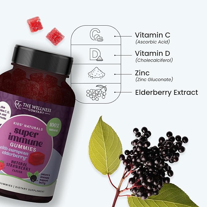 The Wellness Company Kids Naturals Elderberry Gummies – Immune Support with Vitamin C & Zinc | 60ct (1 Month Supply)