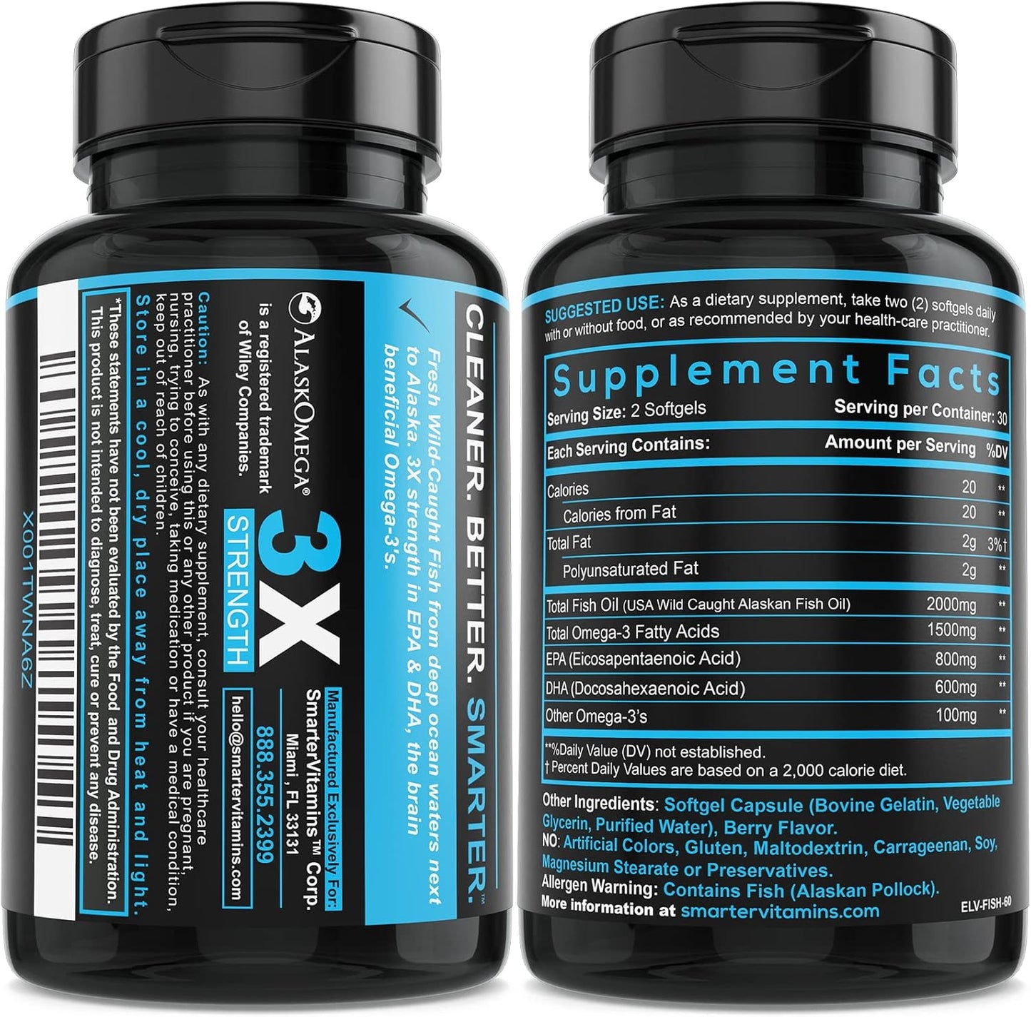 (5 Pack) Smarter Omega 3 Fish Oil, Berry Flavor, Burpless, Tasteless, 2000mg, Potent Triple Strength DHA EPA Brain Omega-3, Made with AlaskOmega®