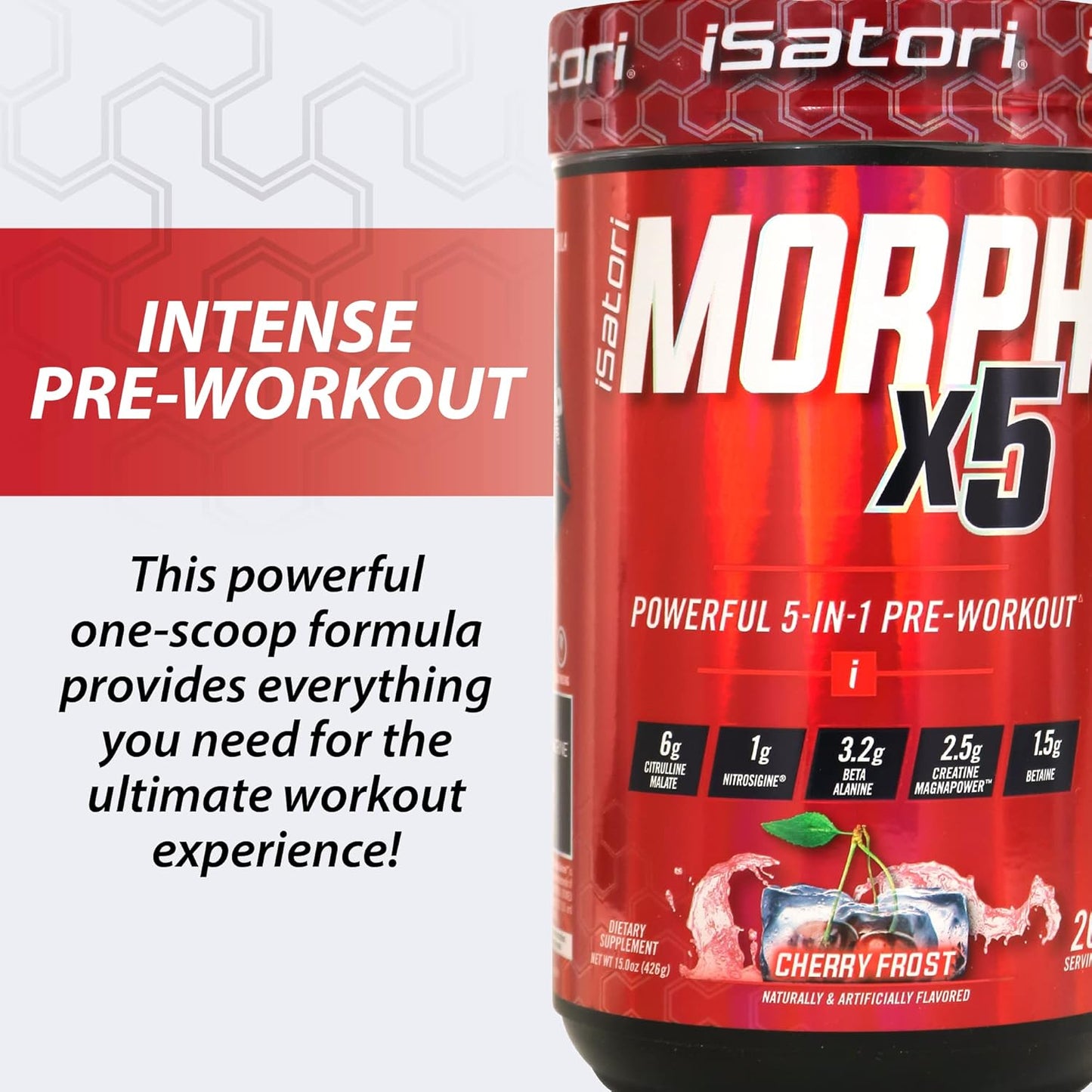 iSatori Morph X5 Intense Pre Workout with Beta Alanine, Creatine Magnapower, Citrulline Malate- Nitric Oxide Flow & Pump Supplement for Energy, Endurance and Strength, Cherry Frost (20 Servings)