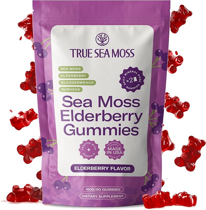 TrueSeaMoss Sea Moss Elderberry Gummies for Adults & Kids – with Burdock Root, Bladderwrack & Magnesium – 60 Gummies (Pouch May Vary)