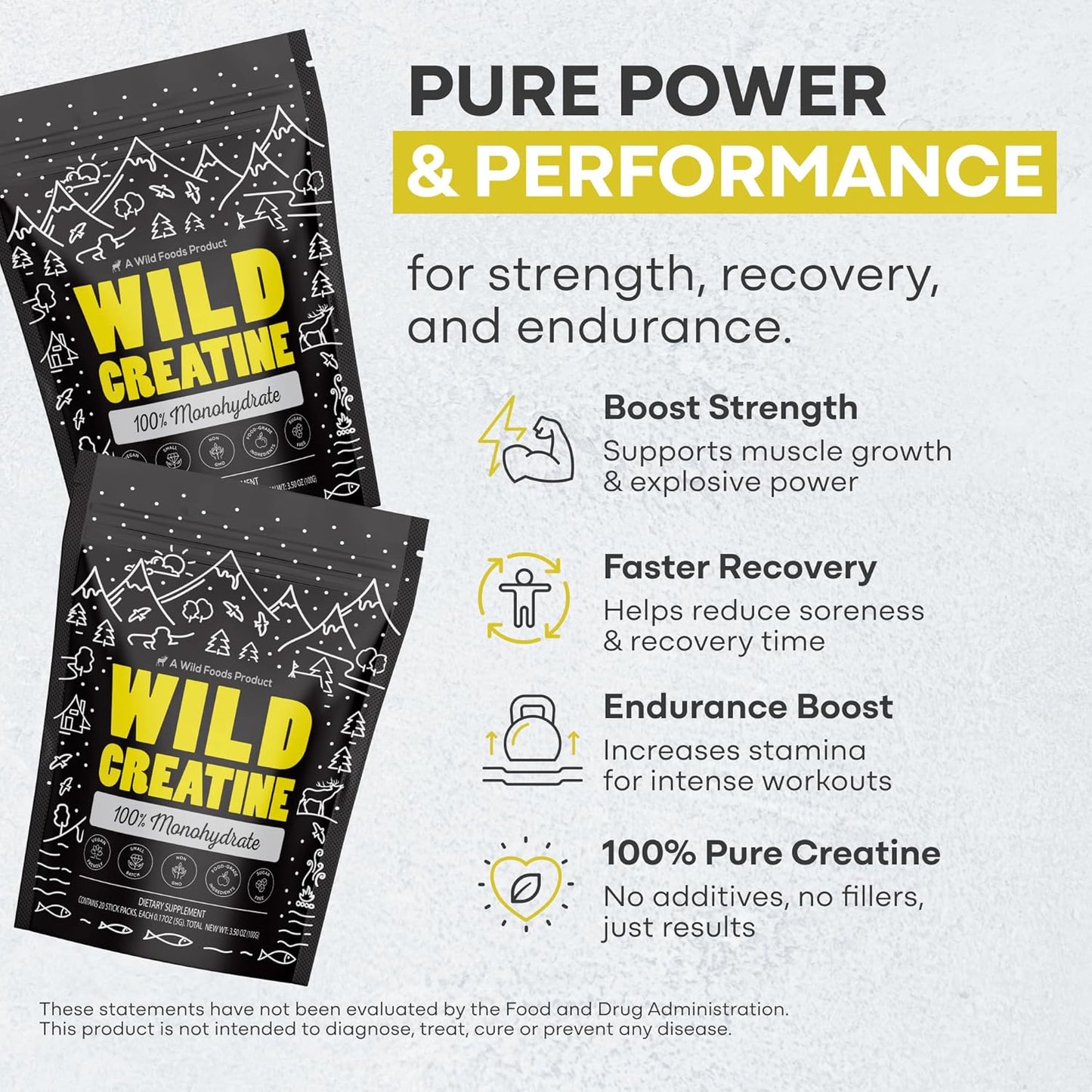 Wild Foods 100% Creatine Monohydrate Powder Packets - 20 Packets - for Brain, Muscle Performance & Strength – Pure Creatine for Men & Women, USA Made– 5g Creatina Per Serving