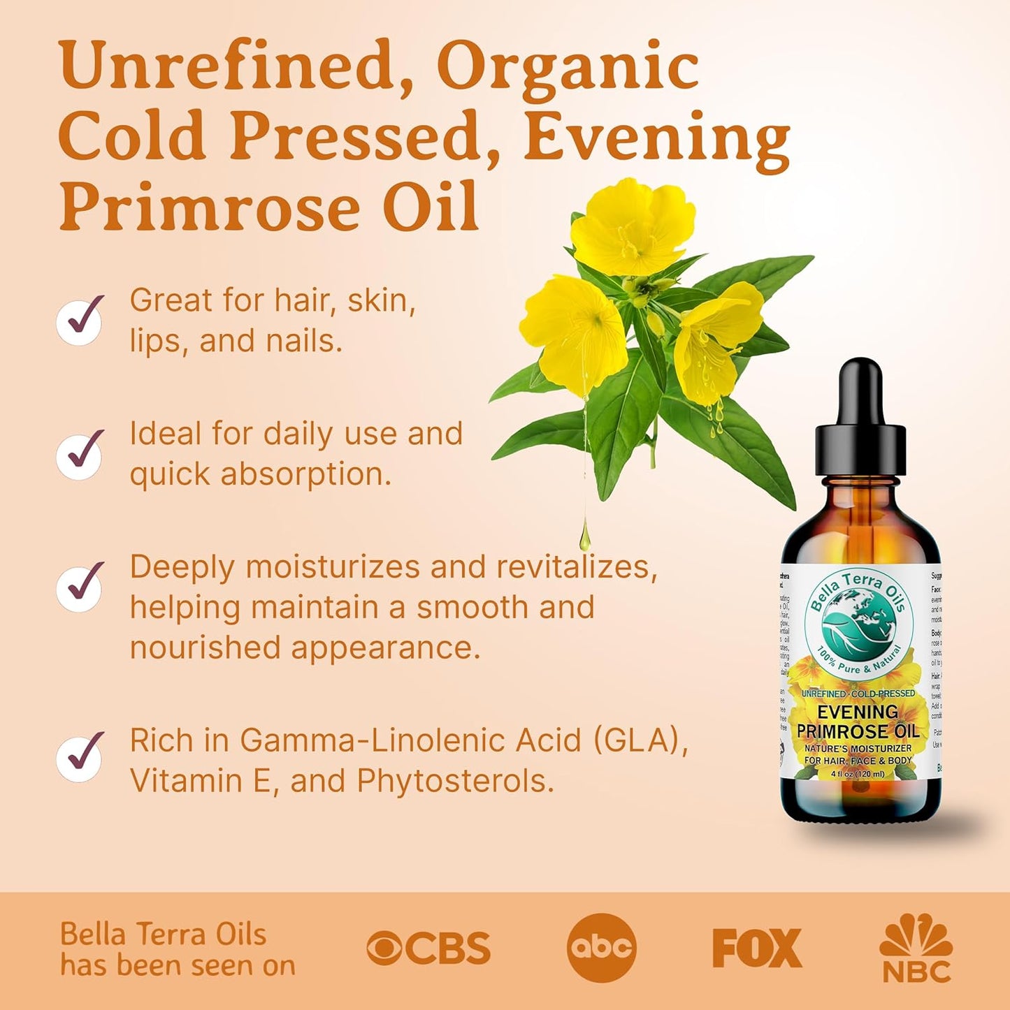 Bella Terra Oils - Organic Evening Primrose Oil 16 oz - Embrace the Enchanting Primrose Nutritional Profile, High in GLA & Fatty Acids, Elevate Your Beauty Routine