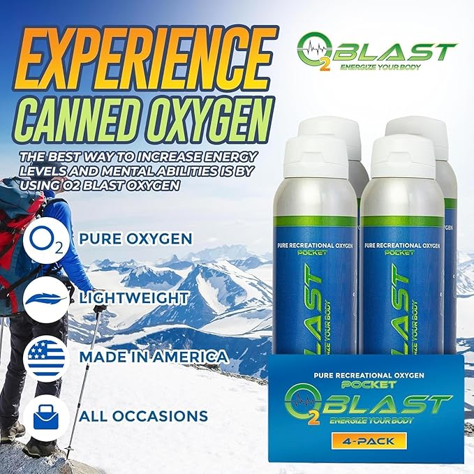 O2 Blast - Pure Oxygen Supplement - Filled with 99.99% Pure Oxygen to Support Fast Recovery, Increase Stamina & Enhance Focus for High Altitude and Action Sports, 4L Portable Can Flip-Top Cap, 4-Pack