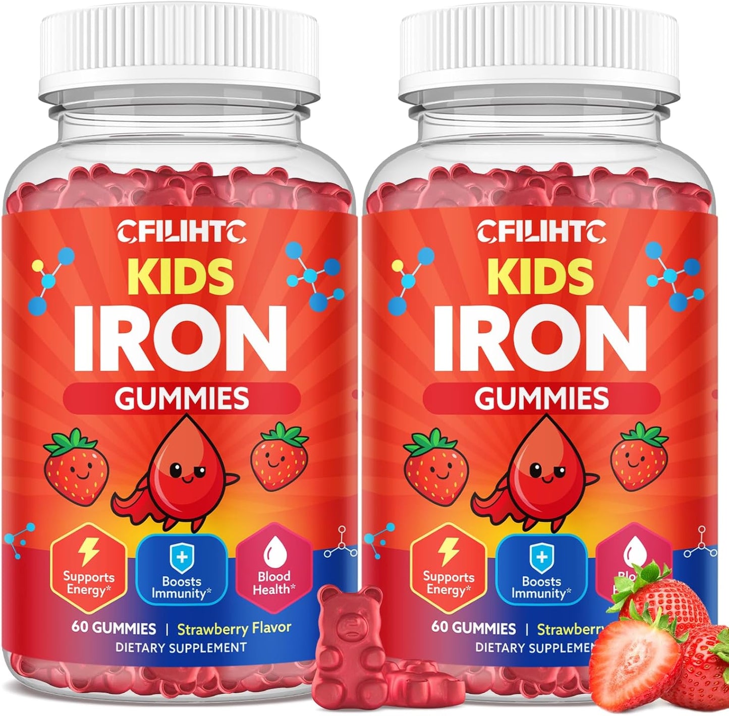 2PCS Iron Gummies for Kids & Teens, Kids Multivitamin with Iron Supplement, Calcium, Folate, Zinc, Prebiotic - for Blood Builder & Energy Support, Iron Deficiency - Vegan & Non-GMO - 120 Count