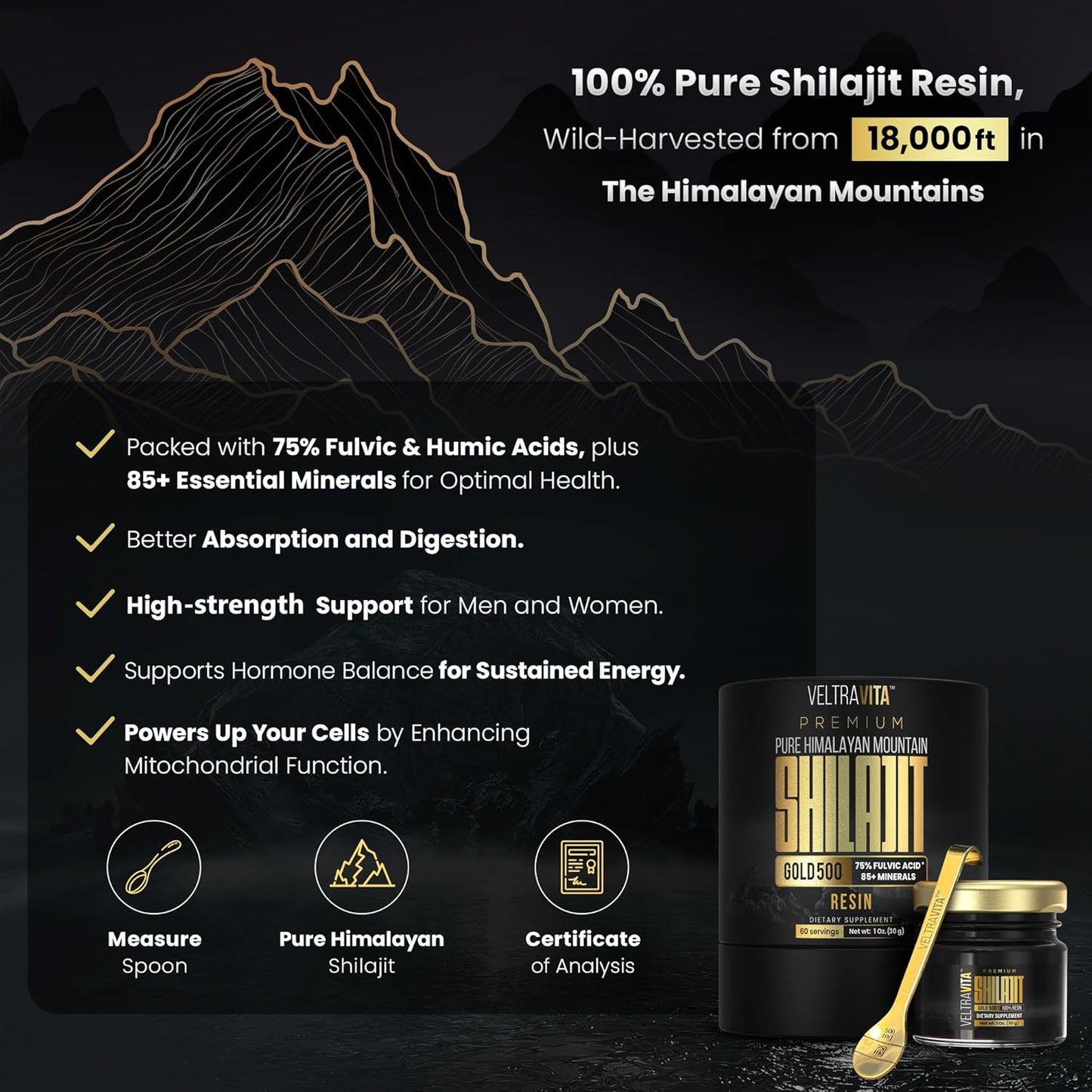 100% Pure Himalayan Shilajit Resin Gold 500 Organic | High Potency 75%+ Fulvic Acid, Humic Acid & 85+ Trace Minerals | Natural Energy & Immune Support for Men & Women | Lab Tested