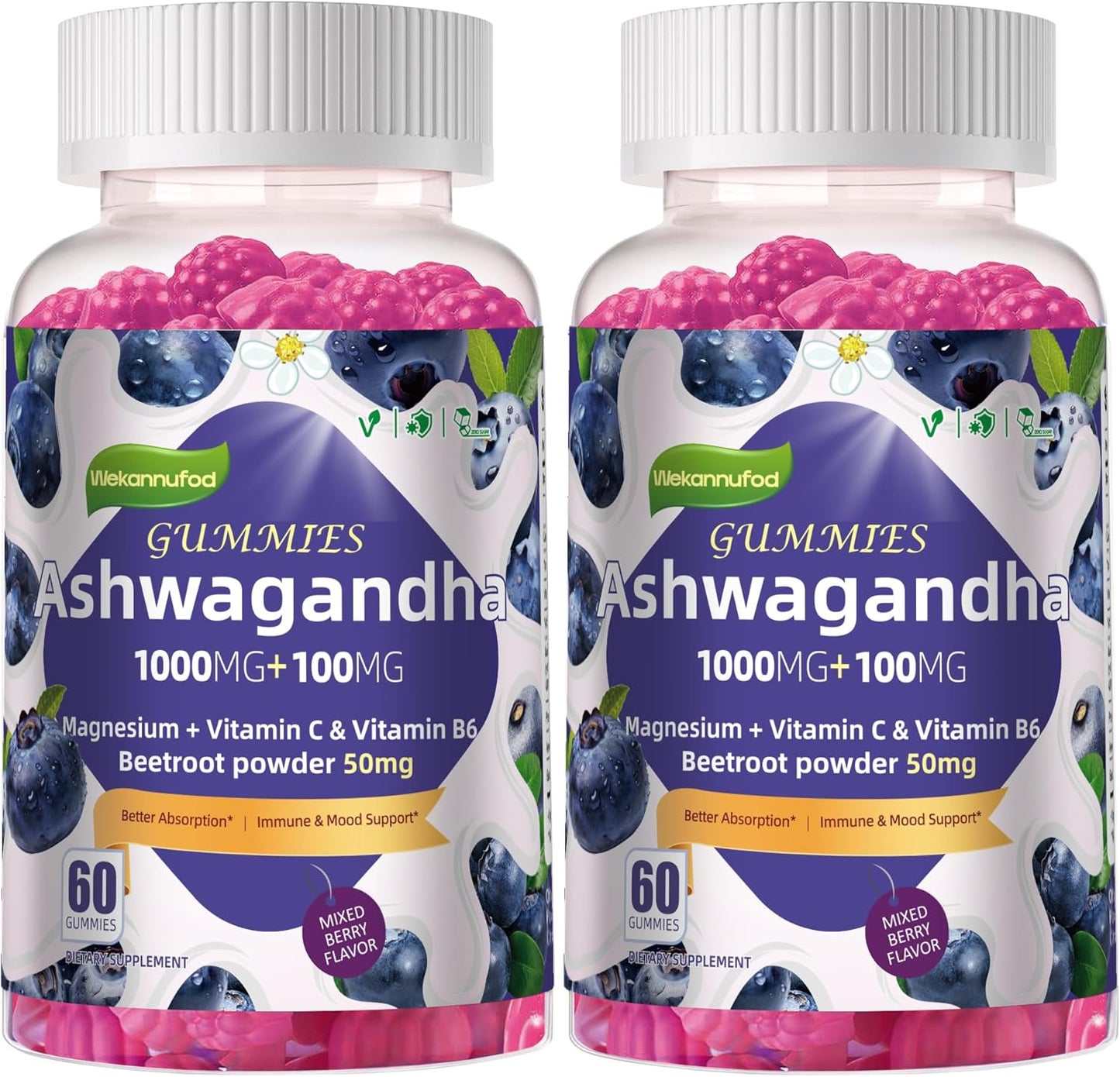 2 Pack Ashwagandha Gummies 1000mg & Vitamin D3 Gummies 120 Count Organic Root Extract Stress Relief Sleep Support(Non-GMO, Sugar Free & Gluten Free)