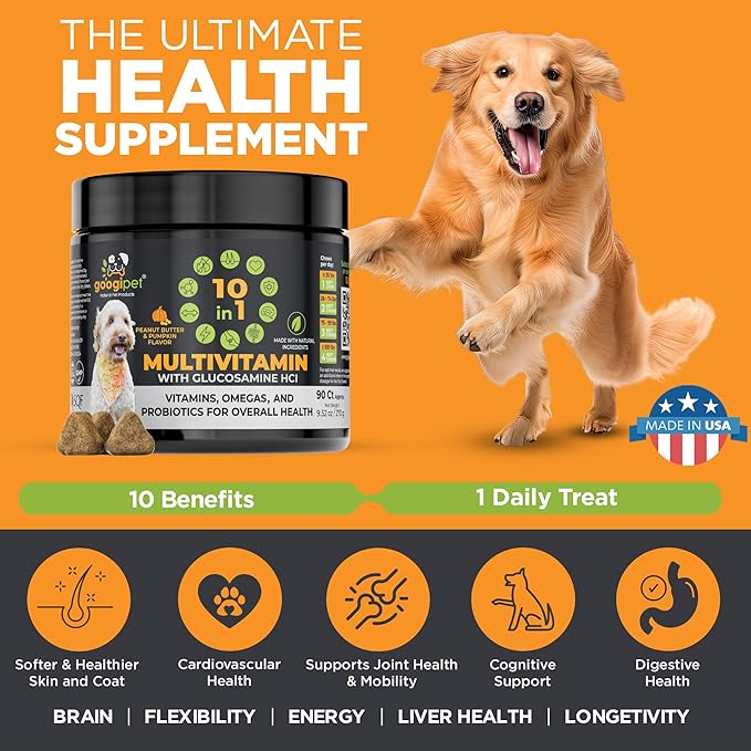 Googipet Premium Dog Multivitamin Chewable, Dog Vitamins and Supplements, Puppy Vitamins & Senior Dogs Probiotics for Gut Health + Vitamin C, Glucosamine for Dogs Joint Support (PB & Pumpkin Flavor)