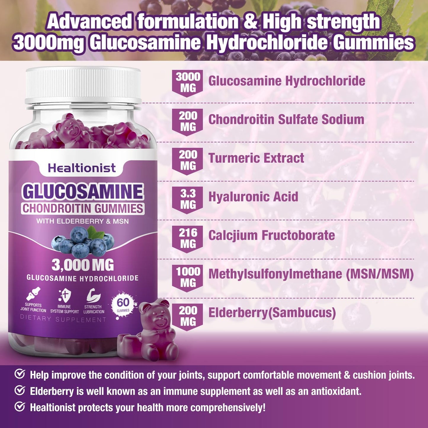 2 Packs 3000mg Glucosamine Chondroitin Gummies with MSM & Elderberry - Extra Strength Joint Health, Flexibility, Antioxidant Immune Support Supplement Gummy for Adults, Men & Women 120 Cts