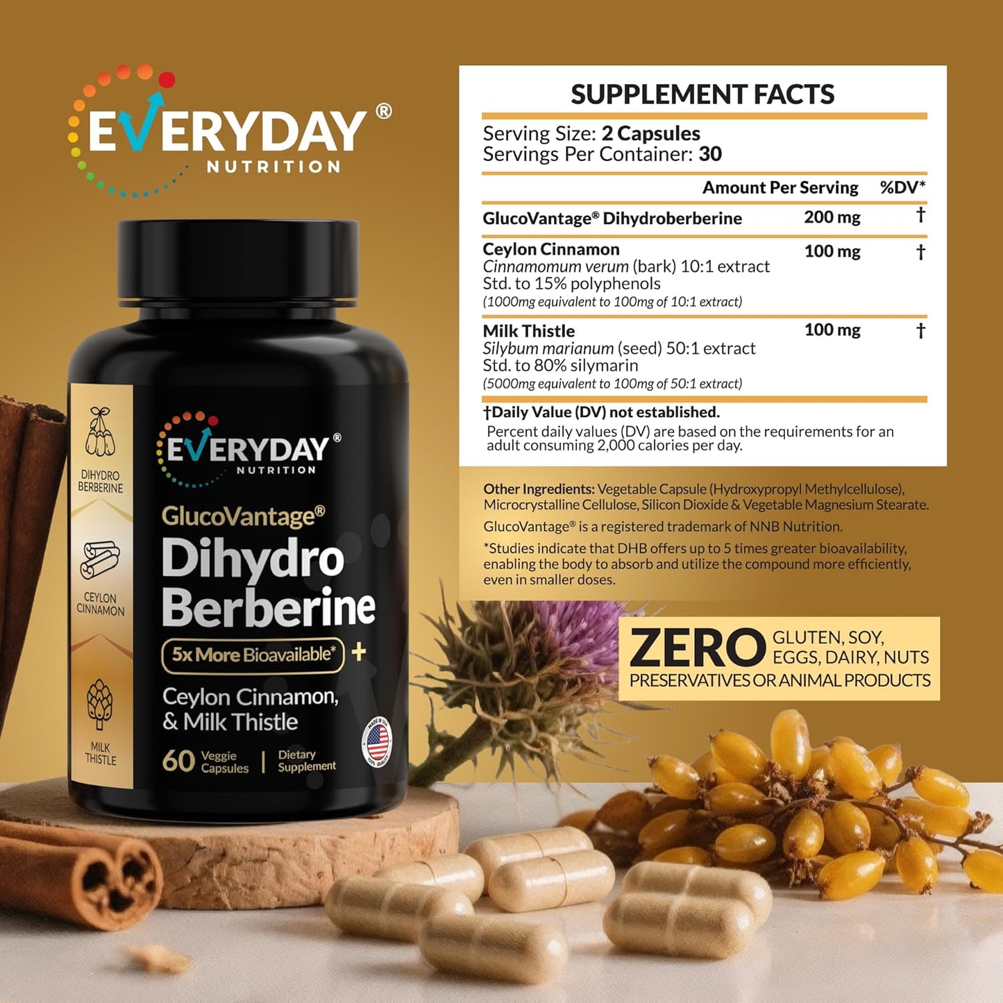 3 in1 Super Dihydroberberine Berberine Supplement GlucoVantage® 200mg Now 5X More Effective Than Regular Berberine HCL Powder | Cinnamon & Milk Thistle | More Bioavailable Metabolite 60 Capsules