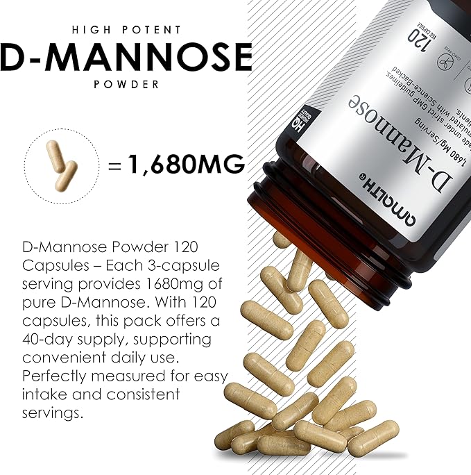 AMALTH D-Mannose Capsules 1680 mg per Serving, 120 Vegan Capsules, Pure Single Ingredient Mannose Supplement, Urinary Tract Support, UTI Wellness Support, Non GMO, Gluten Free