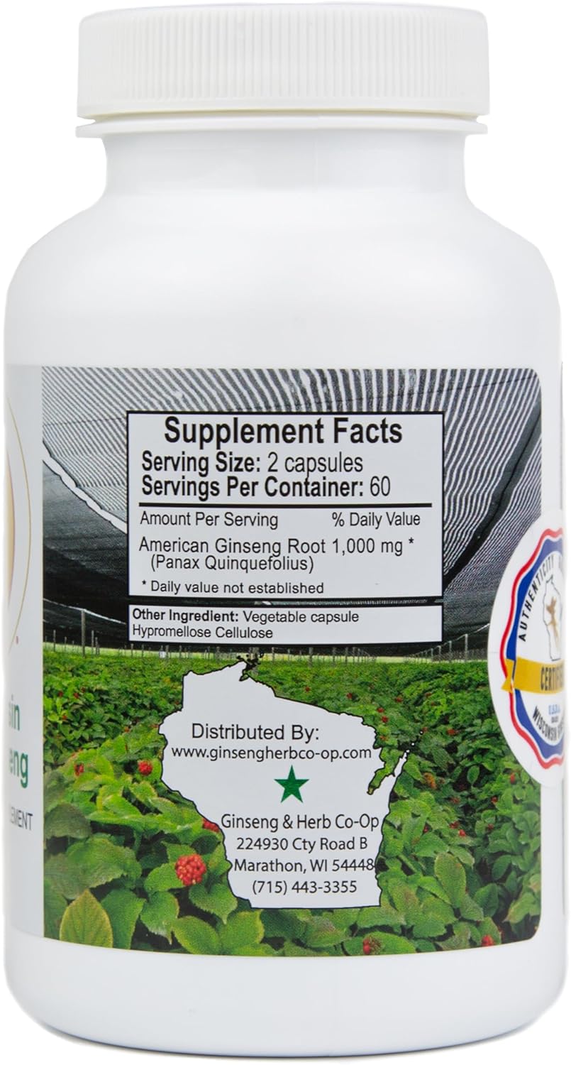 100% Pure Wisconsin American Ginseng Capsules - 500mg. Authentic Panax Quinquefolius. Potent Ground Ginseng Root - No Fillers, Binders or Other Additives. (120 Count)