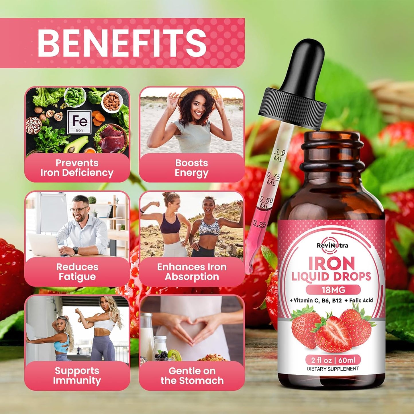 2 Pack Liquid Iron Supplement for Women, Men & Kids - Liquid Iron Drops with Folate, Vitamin C, B6, B12 for Anemia, Red Blood Cell, Energy Support - Strawberry Flavor