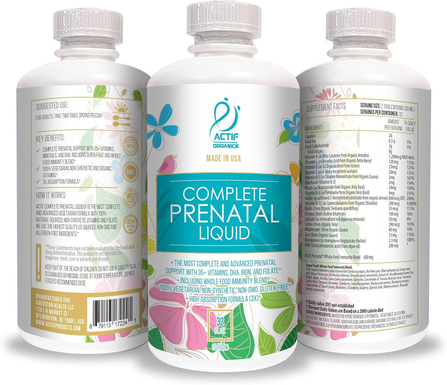 ACTIF Organic Complete Prenatal Liquid with 35+ Vitamins and Organic Herbs, with DHA and Choline, Non-GMO, Made in USA, 32oz