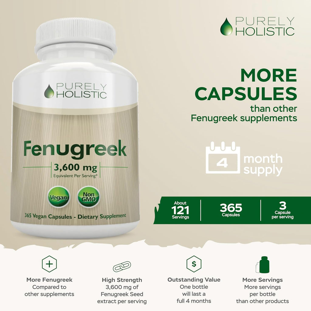 Purely Holistic Fenugreek Capsules 3600mg - 365 Vegan Capsules - Lactation Supplement - from Fenugreek Seeds - Concentrated x10 Extract - Non GMO for Women & Men