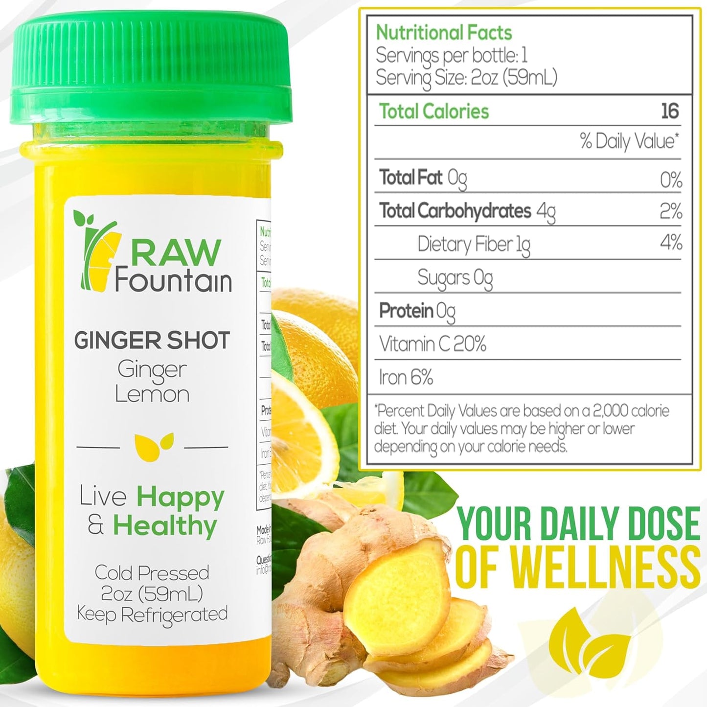 20 Ginger Shots with Lemon 2fl Oz, Vitamin C, Raw and Cold Pressed, Unpasteurized, Boosts Immunity, All Natural, No Artificial Flavors or Preservatives