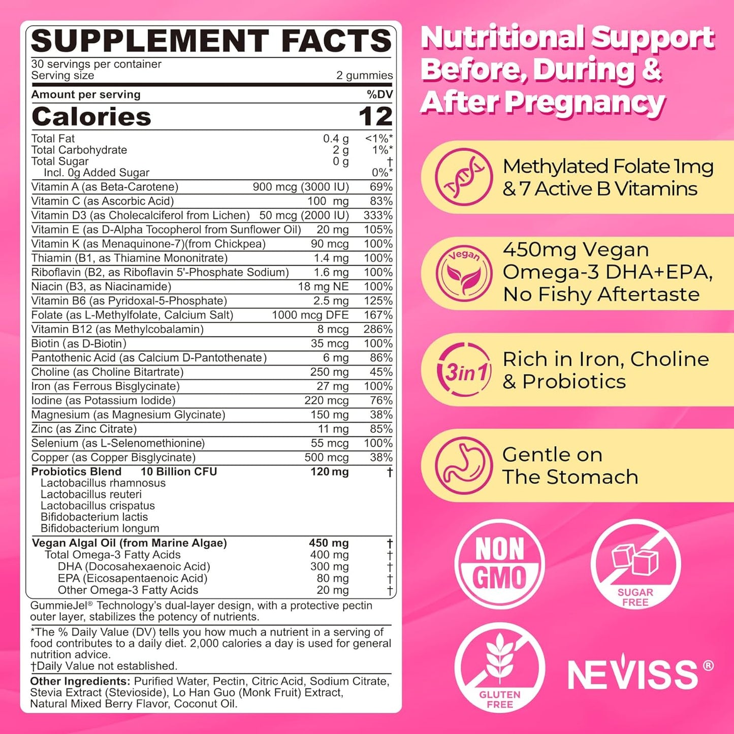 Prenatal Vitamins for Women Multivitamin Gummies w/ Methylfolate 1mg, Choline Omega-3(DHA+EPA) Iron, Postnatal Vitamins for Women Breastfeeding | Before,During & After Pregnancy,Sugar Free,Vegan,60Cts