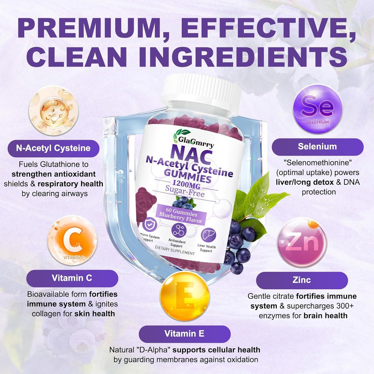 2 Pack N-Acetyl Cysteine Gummies for Kids & Adults, 1200mg N-Acetyl Cysteine Supplement with Selenium Zinc Vitamin C & E for Liver Health, Antioxidant, Immune System, 120 Count, Sugar Free