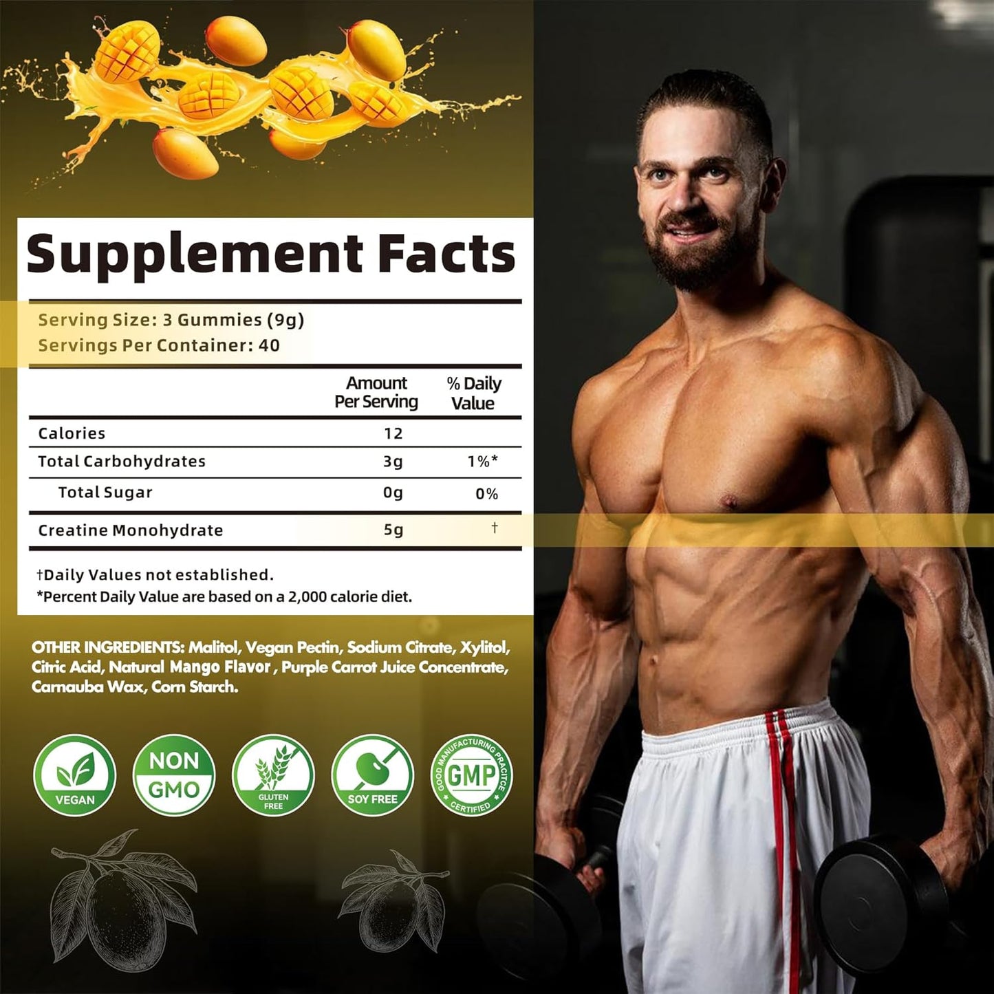 Creatine Monohydrate Gummies for Men & Women-5g of Creatine Monohydrate per Serving - Sugar Free,Vegan, Mango Flavor, 120 Count