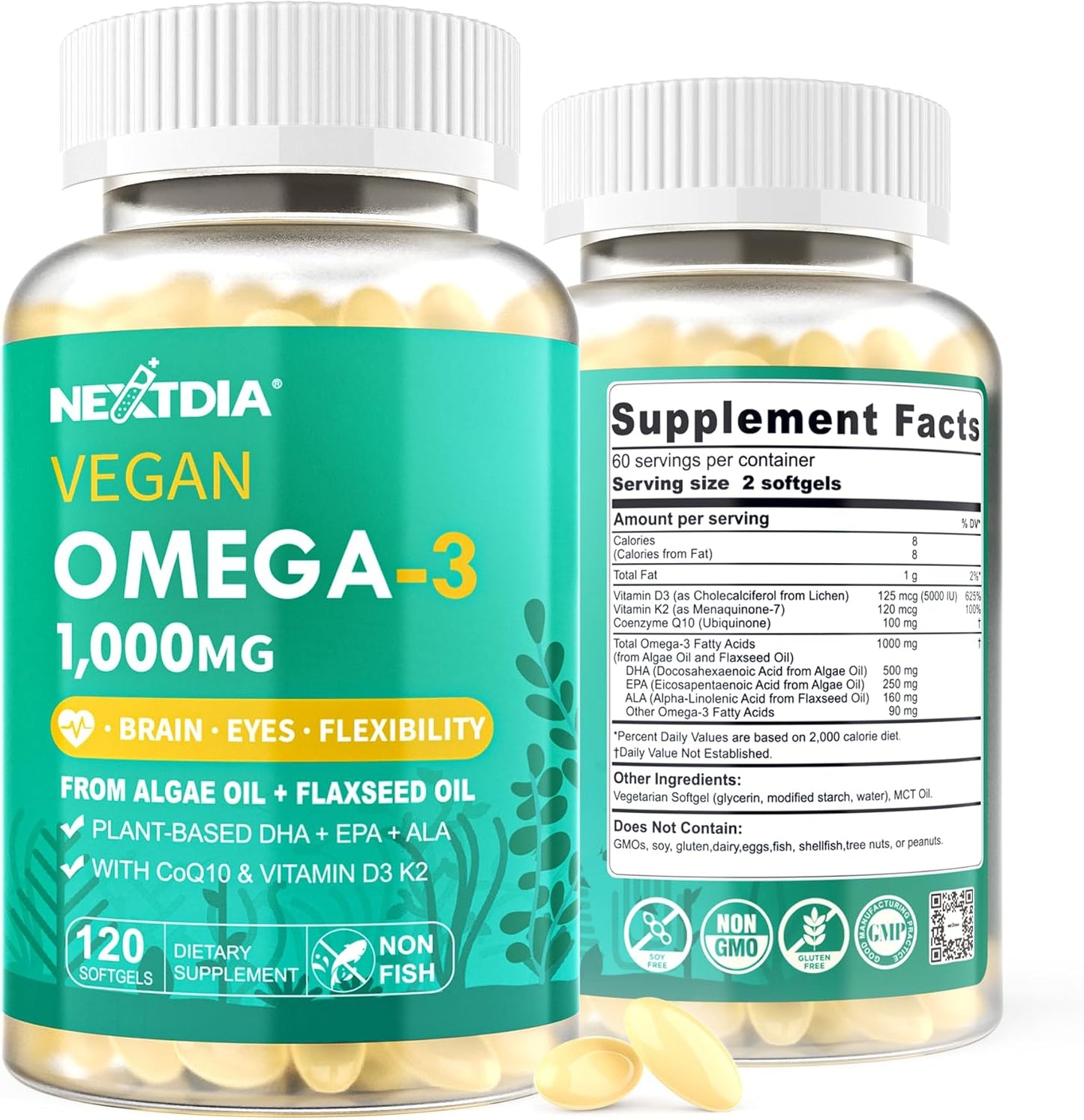 2 Pack Vegan Omega 3 D3 K2 CoQ10 Supplement, Plant Based DHA EPA ALA for Women Men, Omega 3 Organic Algae Flaxseed Oil Supplement for Bone, Brain, Eye & Immune Support, No Carrageenan, 240 Softgels