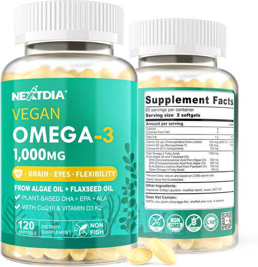 2 Pack Vegan Omega 3 D3 K2 CoQ10 Supplement, Plant Based DHA EPA ALA for Women Men, Omega 3 Organic Algae Flaxseed Oil Supplement for Bone, Brain, Eye & Immune Support, No Carrageenan, 240 Softgels