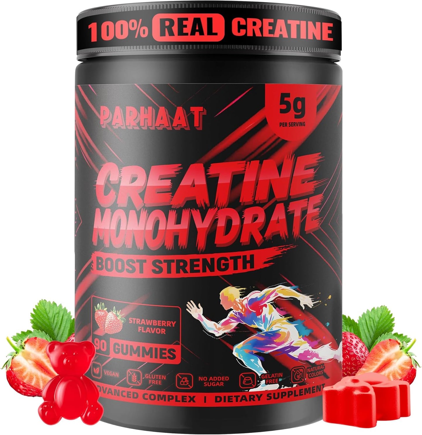 Creatine Monohydrate Gummies 5g for Men & Women - Boost Focus,Strength, and Endurance, Anti-Melting Formula, Vegan, Gluten-Free, Non-GMO, 2.5 Gram Creatine per Gummy (Strawberry 90 ct)
