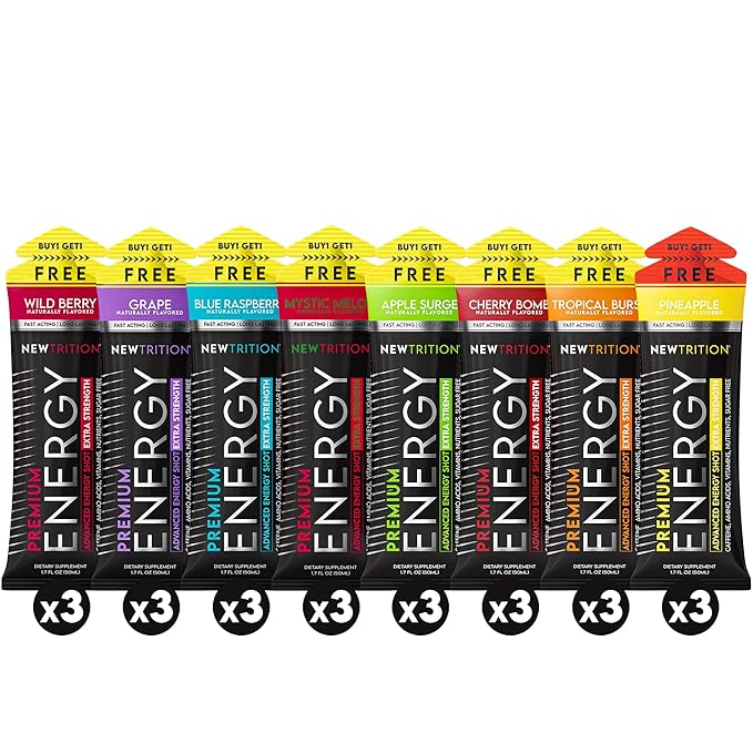NewTrition® Extra Strength Energy Shots 1.7 fl oz - 250mg Caffeine with B Vitamins & Amino Acids, Sugar-Free Zero Calorie Vitamin Energy Drink for Focus & Endurance (Pack of 24, 8 Flavors - Mixed 1&2)
