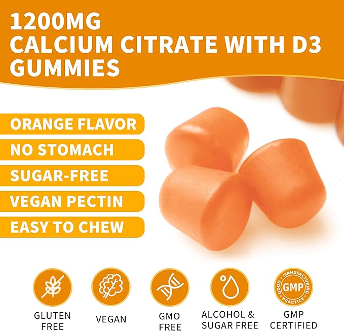 (2 Pack) Calcium Citrate 1200 mg Gummies with Vitamin D3, High Absorption Calcium Supplements for Women & Men, Sugar Free, Non-GMO, Gluten Free, Supports Muscle & Immune - Orange Flavor
