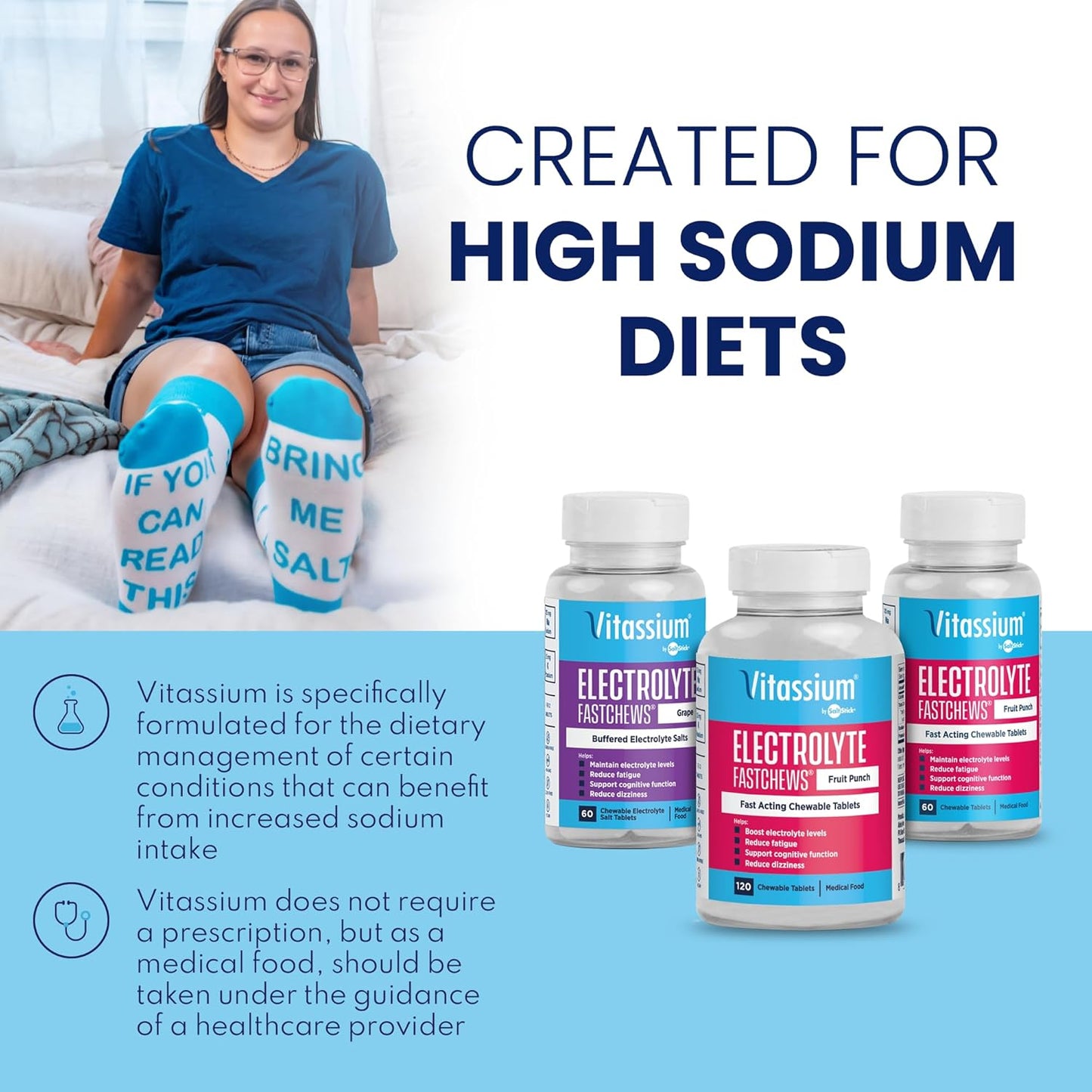 Vitassium FastChews, Chewable Electrolyte Tablets for Management of POTS and High Sodium Diets, Fast-Acting Sodium Tablets, Fruit Punch, 60 Count