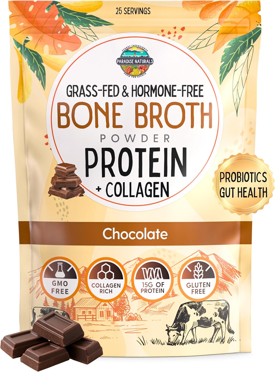 100% Grass-Fed Chocolate Bone Broth Protein Powder with Probiotics – Zero Artificial Flavors, 15g Protein, Collagen-Rich, Gut & Joint Support, Healthy Hot Chocolate, Keto, Paleo, Gluten Free