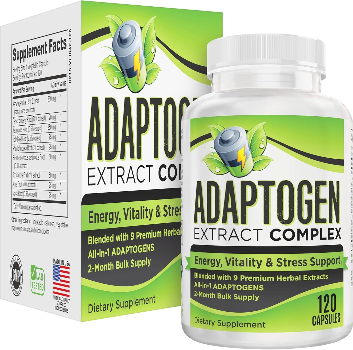 2-Month Adaptogen Supplement (9-in-1) Adaptogenic Complex with: Ashwagandha, Panax Ginseng, Rhodiola & More | Premium Herbal Extracts Blend | Adaptogen Supplements | 60-Day Bulk Supply | 120 Capsules