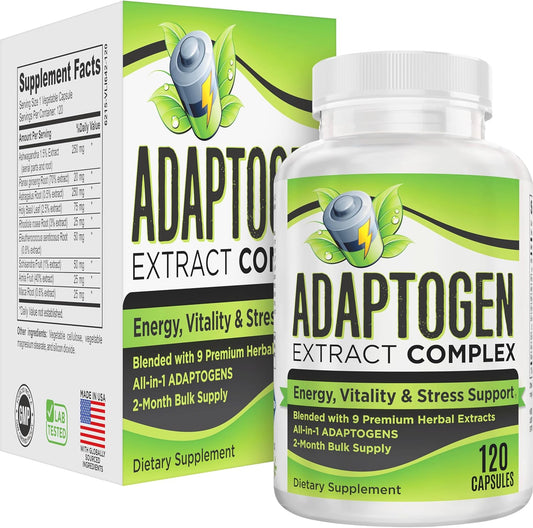 2-Month Adaptogen Supplement (9-in-1) Adaptogenic Complex with: Ashwagandha, Panax Ginseng, Rhodiola & More | Premium Herbal Extracts Blend | Adaptogen Supplements | 60-Day Bulk Supply | 120 Capsules