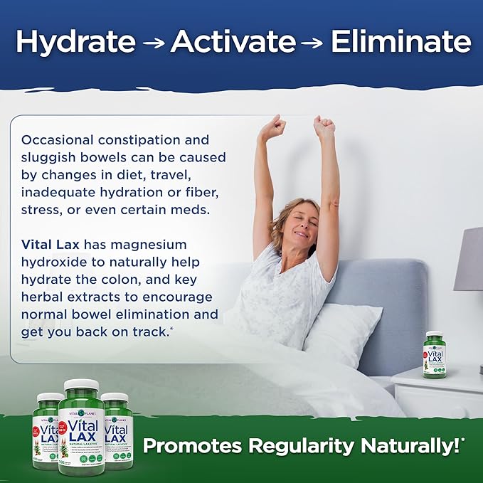 Vital Planet - Vital Lax Natural Laxative Cleanse Supplement for Occasional Constipation, with Magnesium Hydroxide, Slippery Elm, Aloe, and Triphala to Support Bowel Regularity 100 Capsules
