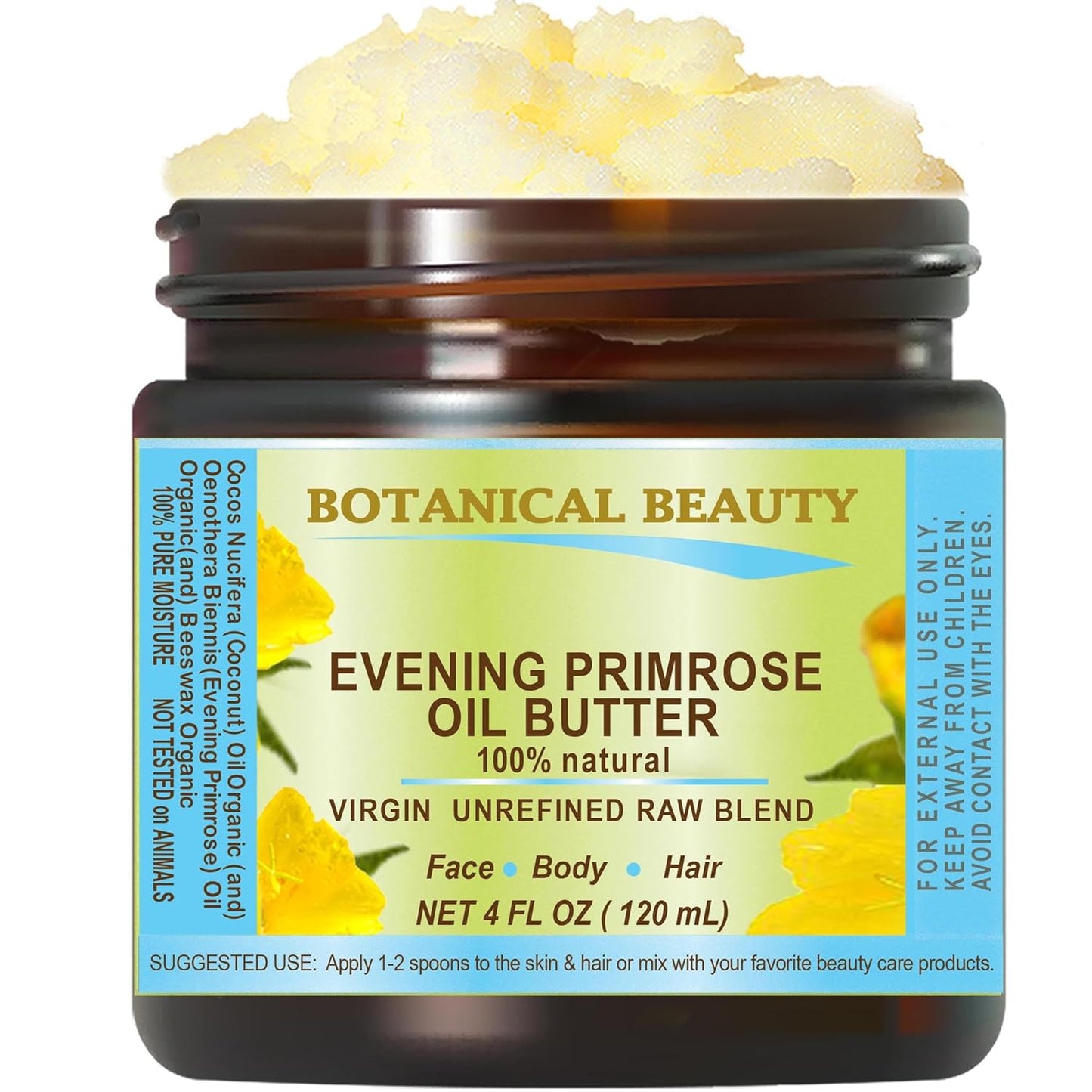 Botanical Beauty EVENING PRIMROSE OIL BUTTER Pure Natural Virgin Unrefined RAW for FACE, SKIN, BODY, DAMAGED HAIR, NAILS. (4 Fl Oz)