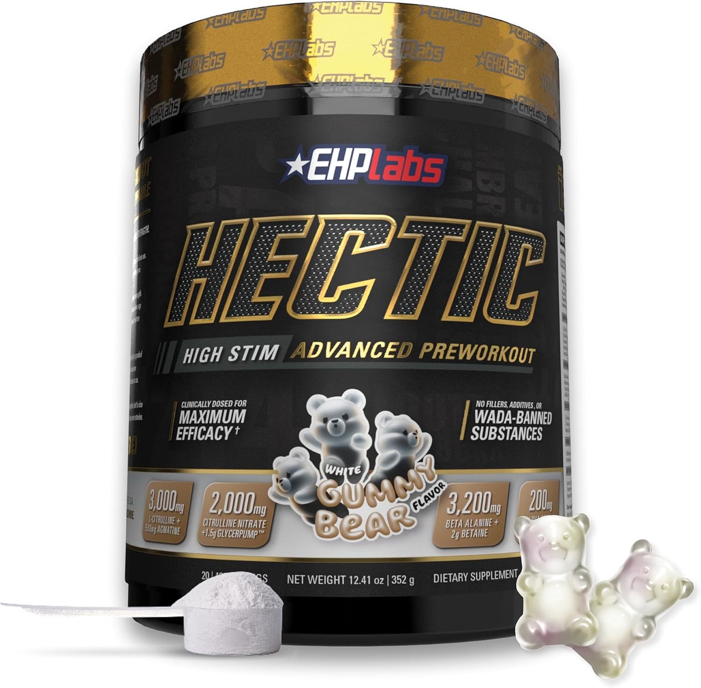 EHP Labs Hectic PreWorkout - High Stim Advanced Pre Workout Powder for Max Performance - Caffeine, Beta Alanine, Coconut Water - Energy, Pump, Recovery & Hydration - 40 Serves (White Gummy)