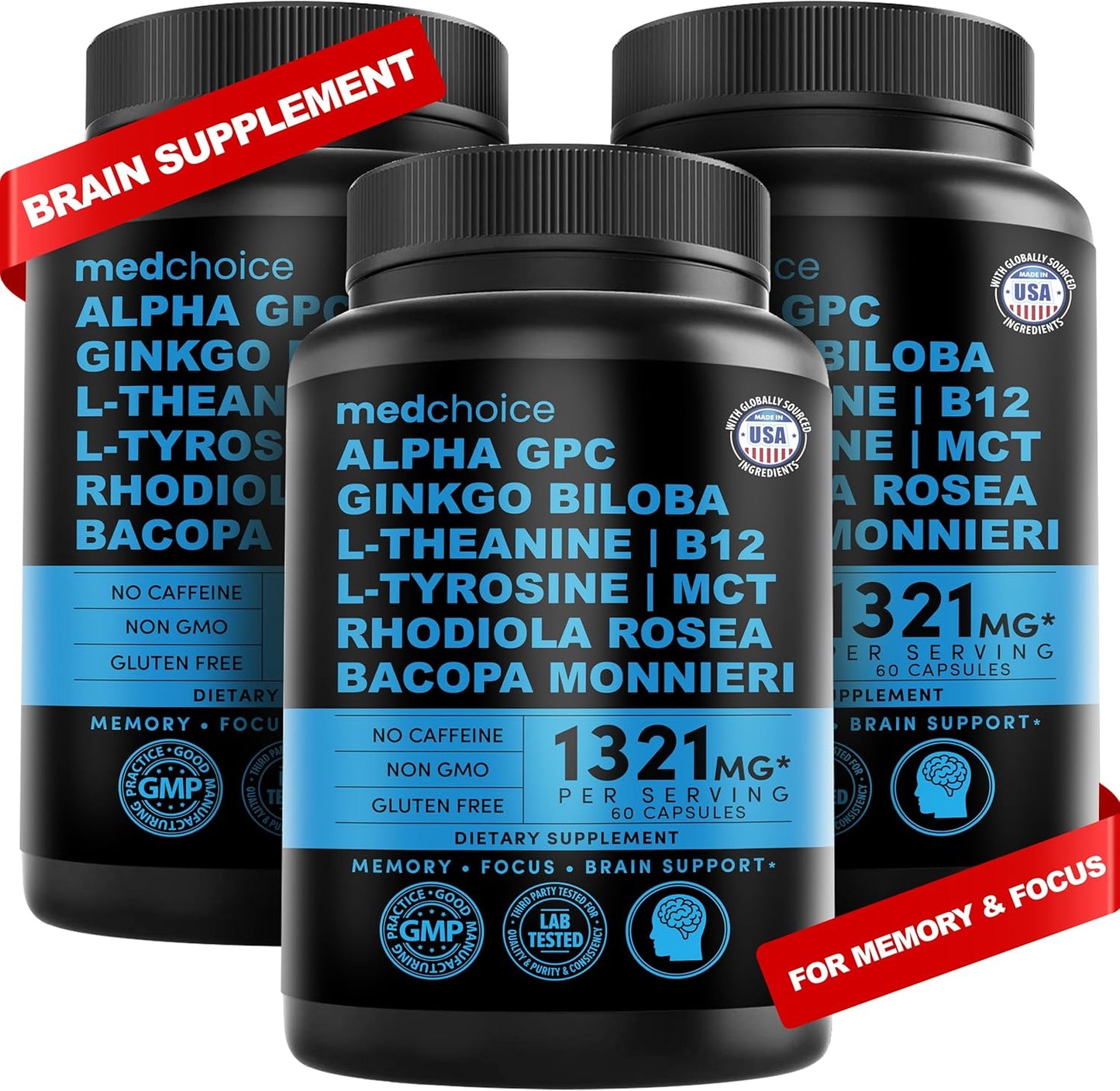 12-in-1 Nootropic Brain Supplement Anhydrous: Ginkgo Biloba for Brain Support, Memory and Focus - B12, Alpha GPC, L Theanine and Choline Supplements with Bioperine non Caffeinated 1321mg (180ct)